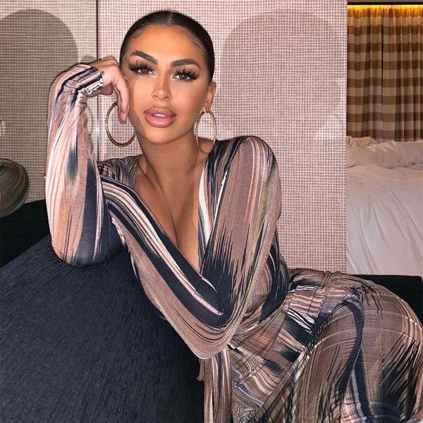 

casual dresses women printed v neck bandage maxi dress fashion long sleeve bodycon package hip female slim party club, Black;gray