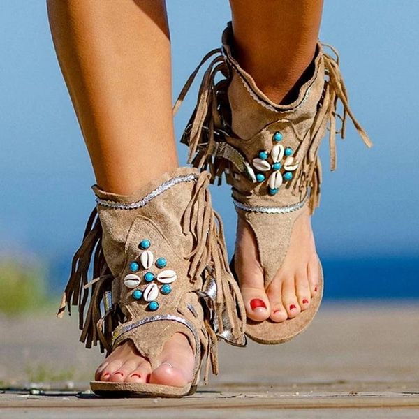 

summer ladies sandals fashion boho clip toe flat tassel 2021 drop, Black