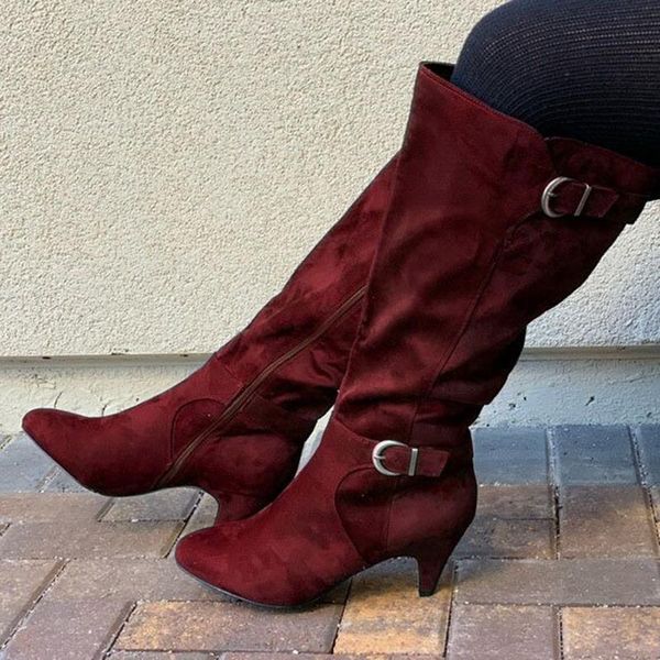 

boots autumn winter women mid calf buckle strap zipper pointed toe female low heels platform vintage ladies shoes, Black