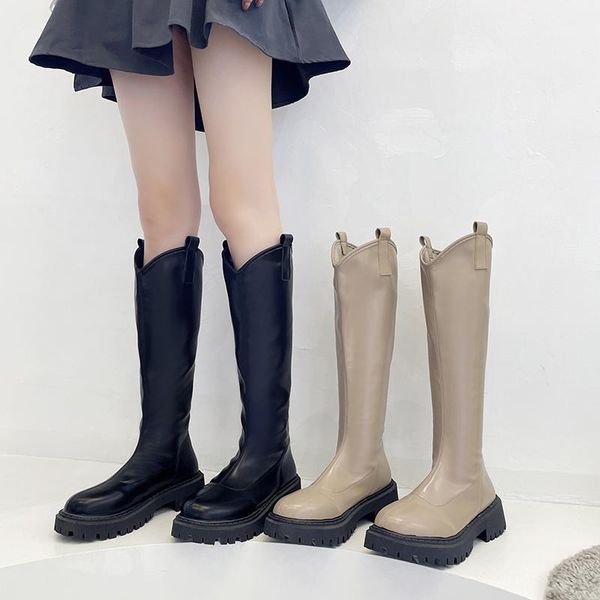 

boots rock shoes woman flat heel lady round toe luxury designer zipper high rubber fashion lolita autumn over-the-knee pu r, Black