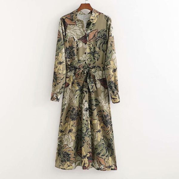 

casual dresses spring autumn women dress blet high waist fashion long sleeve floral printed office lady loose elegant girl outfits, Black;gray