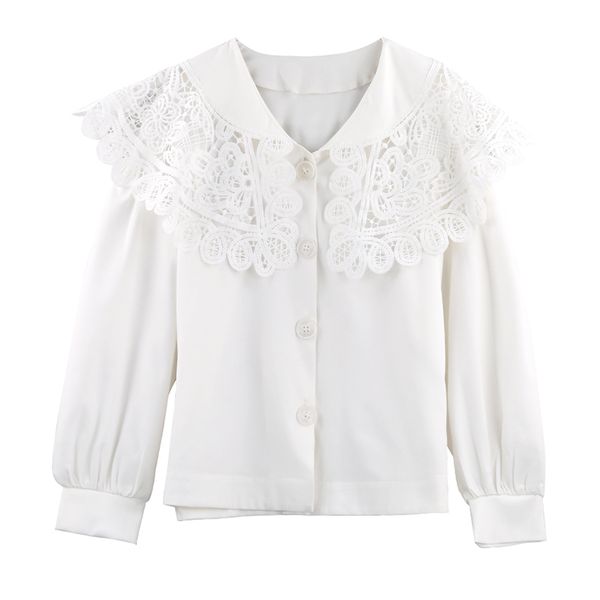 Mulheres Branco Sólido Camisa Lace Peter Pan Collar Lanterna Manga Longa Blusa Single-Breasted Top Primavera Verão B0803 210514