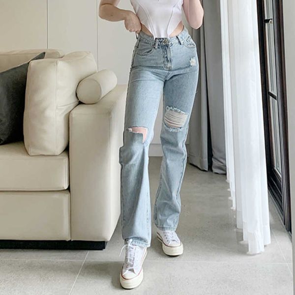 

womengaga pierced street jean's summer high waist slim versatile loose straight pants trousers korean h8b2 210603, Blue