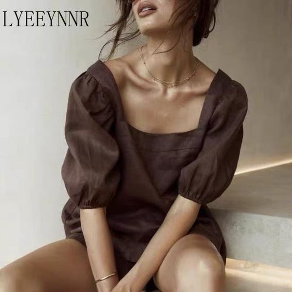 

women's tracksuits lyeeynnr japan style short sets unicolor square collar sleeve shirts high waist pants casual women two piece set, Gray