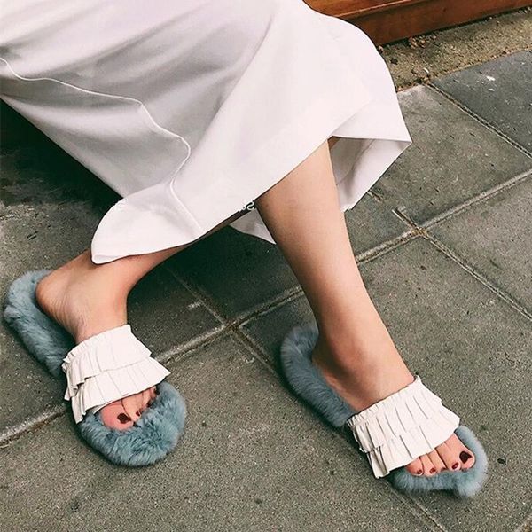 

slippers superb shoes woman pleated leather fur women spring autumn 2021 fashion trend casual flats muller sandals, Black