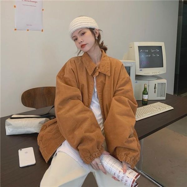

women's jackets corduroy jacket cotton autumn winter loose lapel clip warm long sleeve female, Black;brown