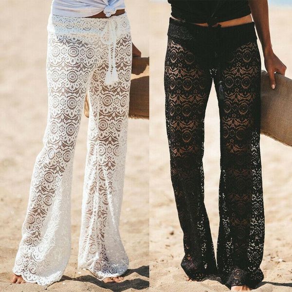 

men's pants brand women beach wide leg see through bath long cover ups female summer suits, Black
