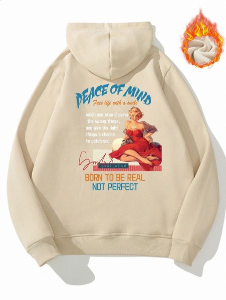 

men slogan and figure graphic drawstring thermal hoodie c2g8#, Black