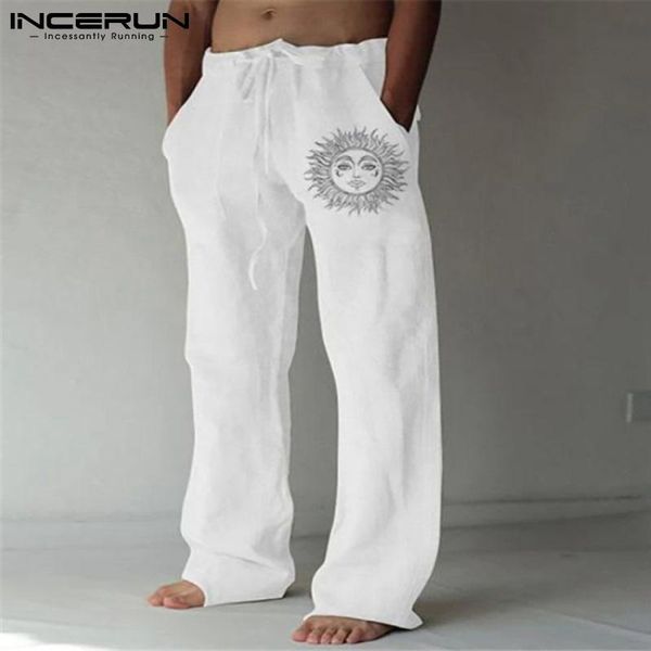 

men's pants incerun 2021 cotton linen pantalones fashion straight-leg long loose casual printed trousers s-5xl, Black