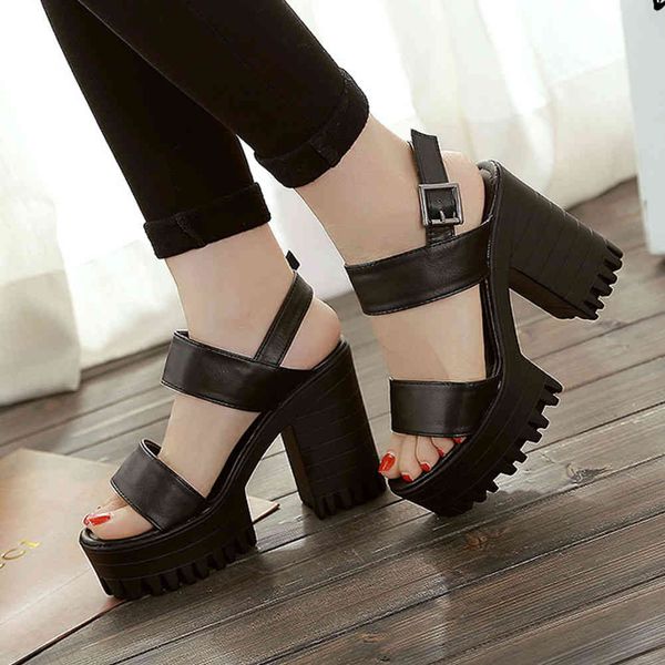 

sandals 2021 arrival female solid buckle platform open toe sandals women high heel punk quality shoes woman, Black