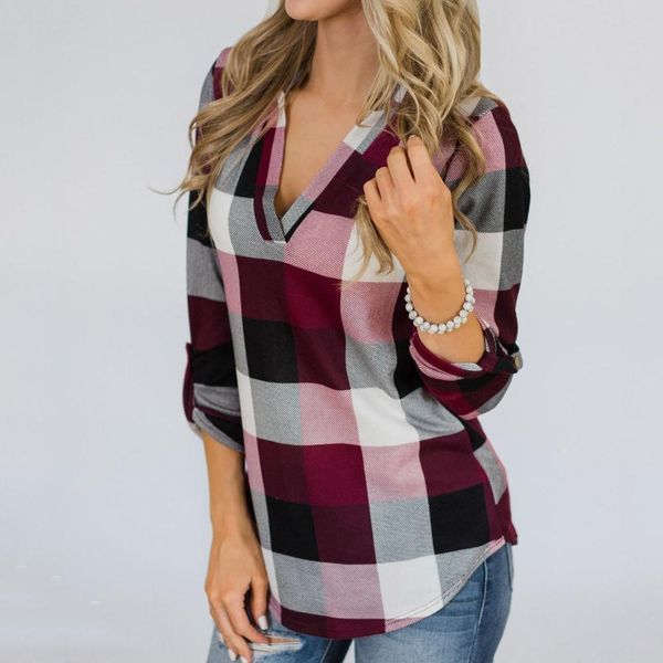 

fashion womens shirts women plaid roll up long sleeve v neck tee blouse shirt loose casual daily female, White