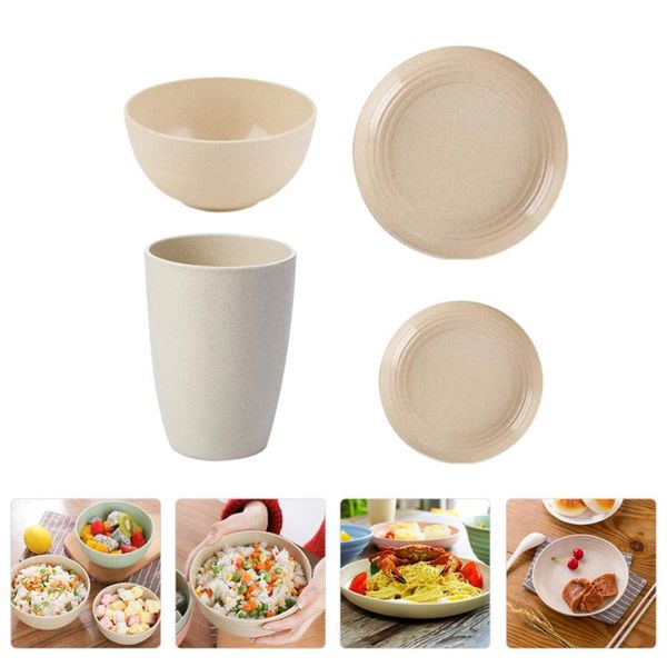 

spoons 4pcs wheat straw bowl water cup serving plate housewarming gifts (beige)