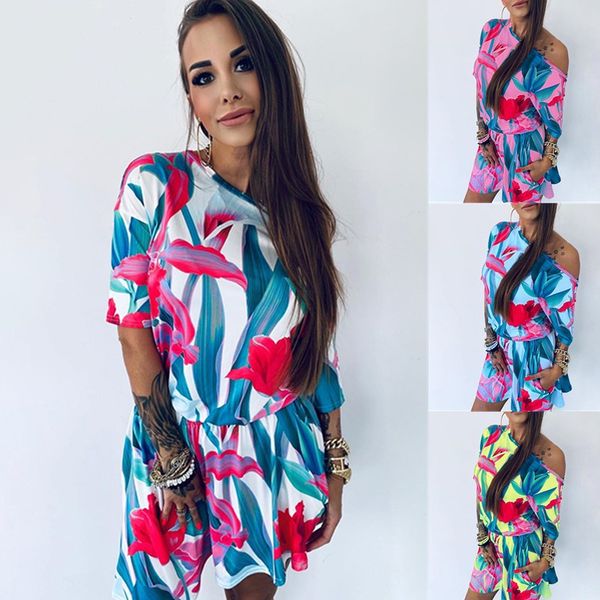 

2021 european and american summer new flower print round neck elastic waist thin dress, Black;gray