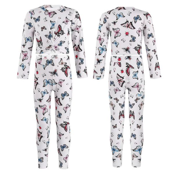 

clothing sets kids girls butterfly print sport suit long sleeves crop and leggings set tracksuit for gymastics running dance workout, White