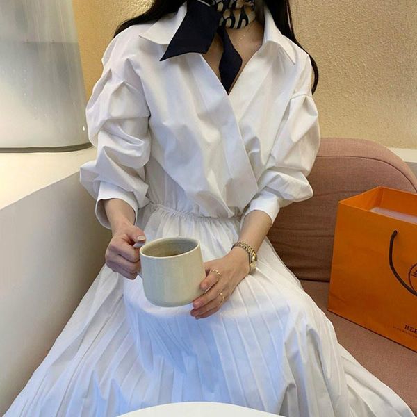 

casual dresses [ewq] 2021 spring female loose turn down collar solid color long lantern sleeve lace up split pleated dress 16w287, Black;gray