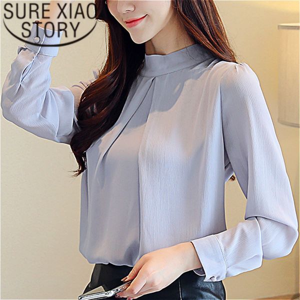

korean fashion clothing chiffon blouse ladies solid stand women long sleeve shirts women's blouses white shirt 2657 50 210415