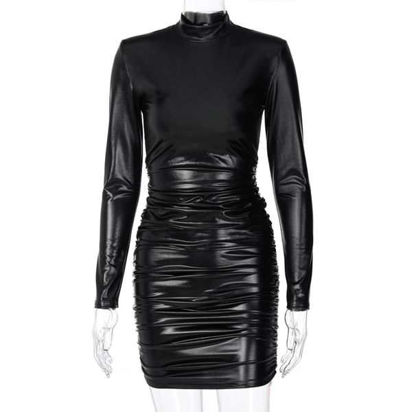 

2021pu leather mini dress ruched turtleneck long sleeve bodycon bandage streetwear party elegant autumn winter club, Black;gray