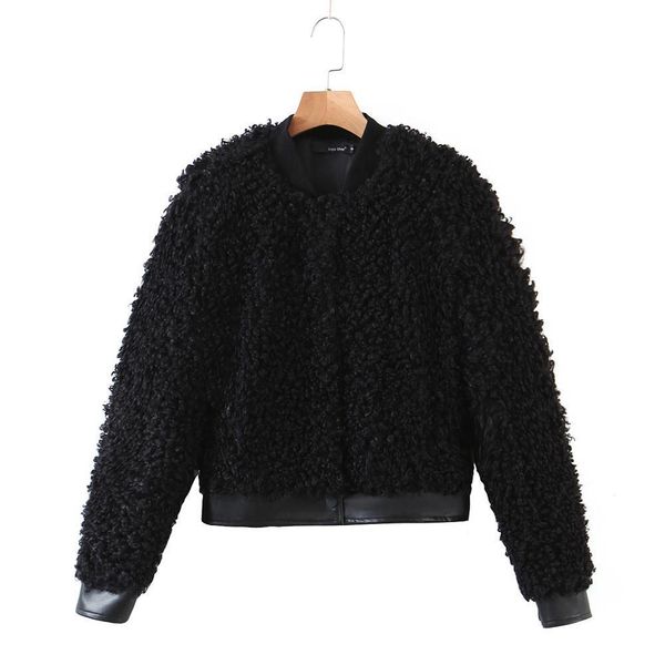 

women's wool & blends winter korea clothes curly circle hairy shaggy faux sheep fur jacket streetwear keep warm short teddy c qva9, Black