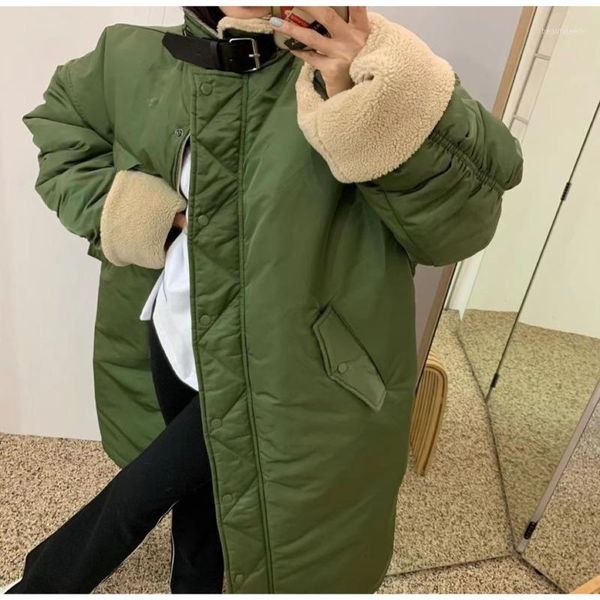 

women's down & parkas [ewq] 2021 winter wear belt stand collar zipper loose warm woolslamp cotton clothes medium long coat 16r293, Black