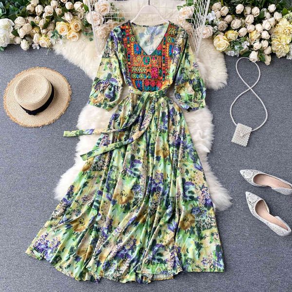 

casual dresses spring women printed ladies bohemia v-neck chic half sleeves lace-up swing mid-calf a-line long summer bdi5, Black;gray