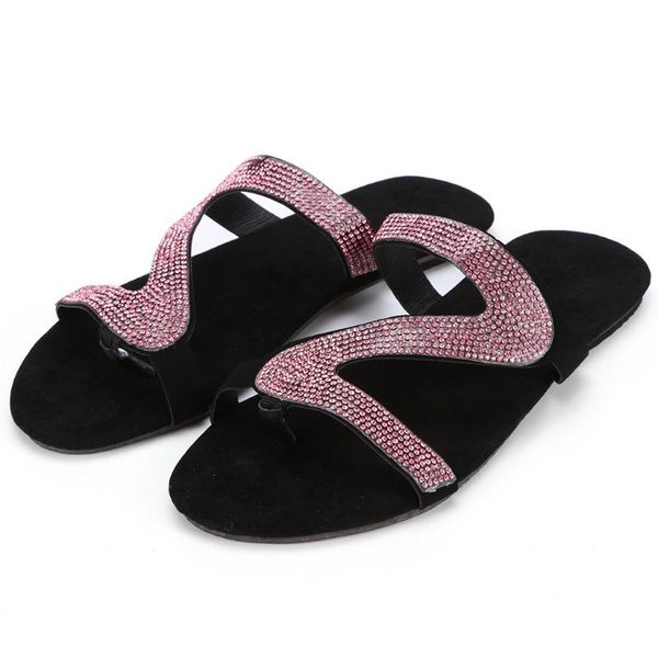 

slippers louluen summer sandals women shoes flat 2021 casual leather solid crystal roman plus-size shoe, Black