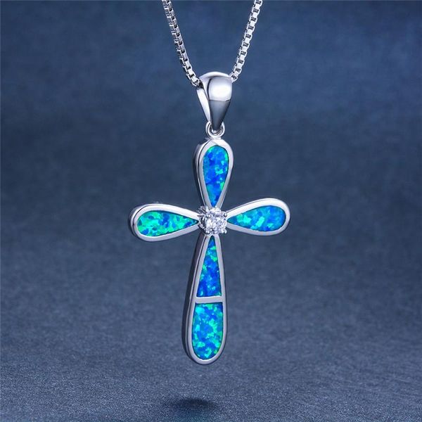 

pendant necklaces boho female big cross pendants fashion white blue fire opal necklace vintage silver color wedding for women