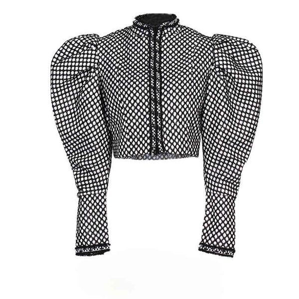 

chic street style dot print crop jackets women spring puff sleeve stand collar silm coats casual all-match female 210525, Black;brown