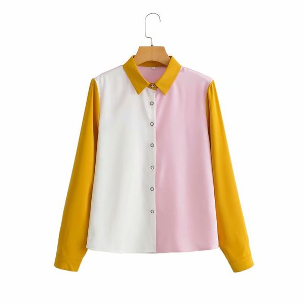 

vintage lapel long-sleeved women shirt fashion contrast stitching single breasted loose casual chic female shirts 210507, White