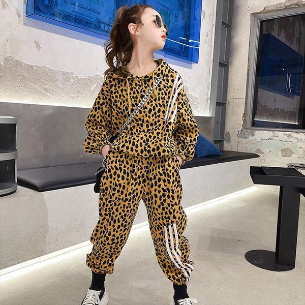 

kids girls leopard print hoodie suits 8 10 12 years long sleeve fashion teen outfit, White