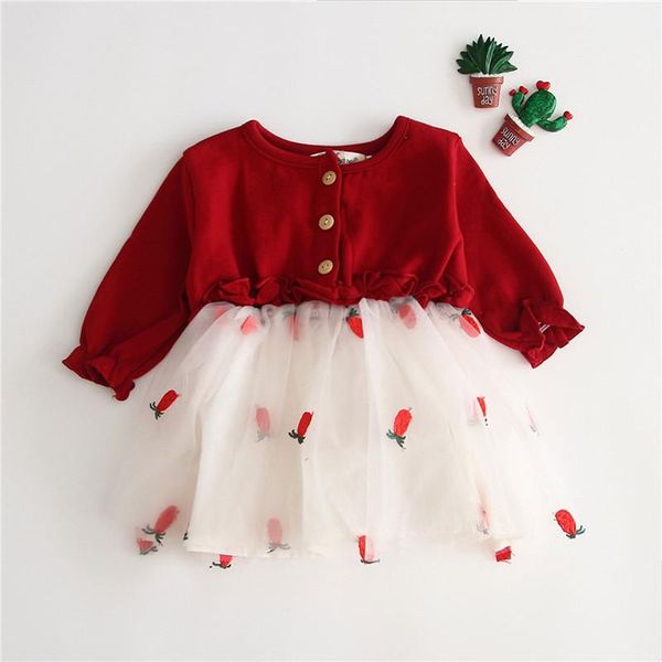 

girl's dresses girls casual princess dress red strawberry printed pattern long sleeve round collar one-piece, Red;yellow