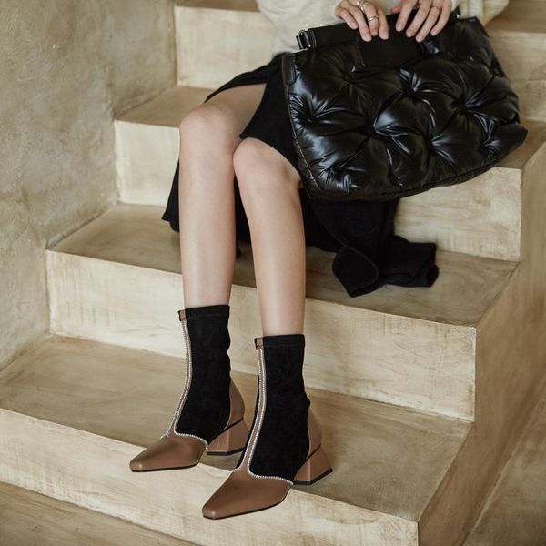 

dress shoes 2021 fall square toe thin boots rhinestone elastic color matching socks women fashion thick heel single x474, Black