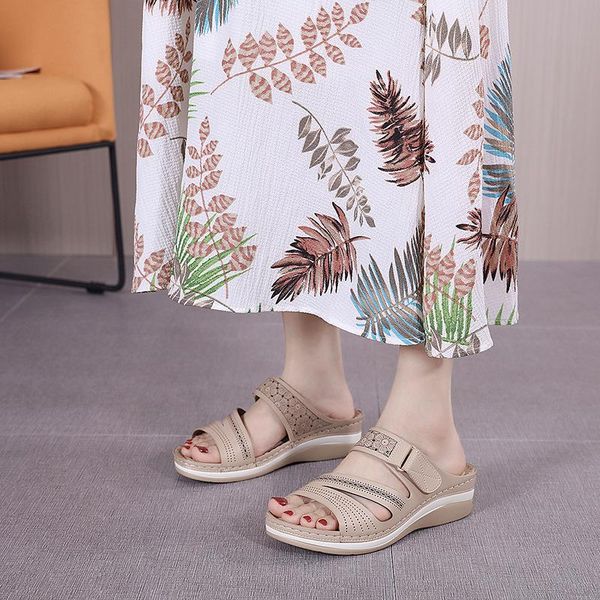 

slippers shoes big size on a wedge woman's low beige heeled sandals slides 2021 black massage rome solid fabric retro pu hoof