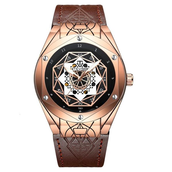 

2021 trend man automatic mechanical business fashion leather tape waterproof noctile spider iron plate men watches t821, Slivery;brown