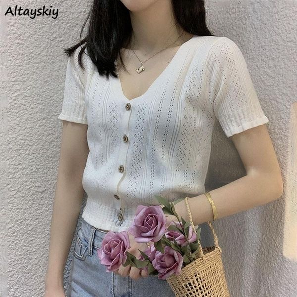 

women's t-shirt women short sleeve solid white elegant hollow-out v-neck knitted tees female slim chic all-match fashion ins streetwear