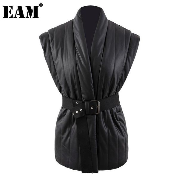 

women's vests [eam] women loose fit black sashes brief cotton-padded vest v-collar sleeveless fashion tide autumn winter 2021 1d, Black;white