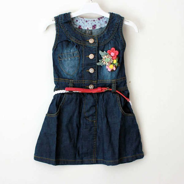 

children wear dress girls washed denim flower belt vest by hand, White