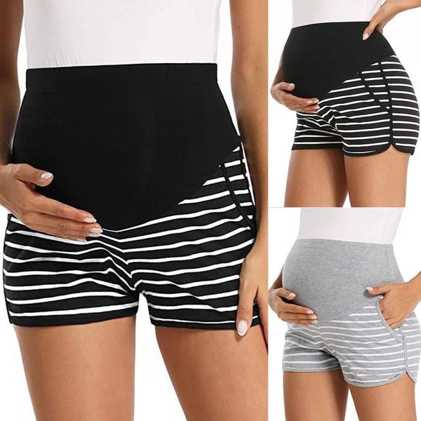 

maternity bottoms ladies striped shorts women's high elasticity pregnant supporting abdomen pockets pants, White