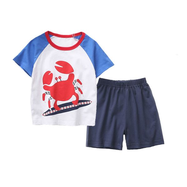 

children wear 19 summer short sleeve cotton printed crab half pants suit boys' and girls', White
