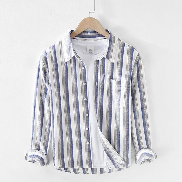 

spring men's thin linen shirt japanese fresh striped loose cotton long sleeve 2910 casual shirts, White;black