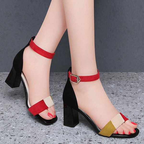 

sandals fashion women's summer shoes 2021 low-heeled thick-heeled banquet all-match word belt mid-heeled high heels, Black