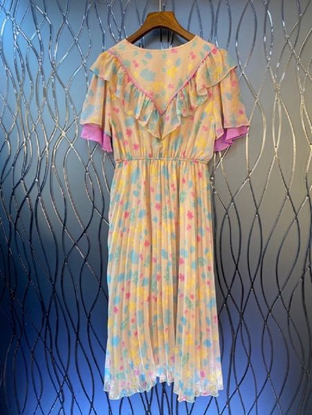 

dress korean fashion style summer women color block flower print ruffle patchwork short sleeve mid-calf pleated dress, Black;gray