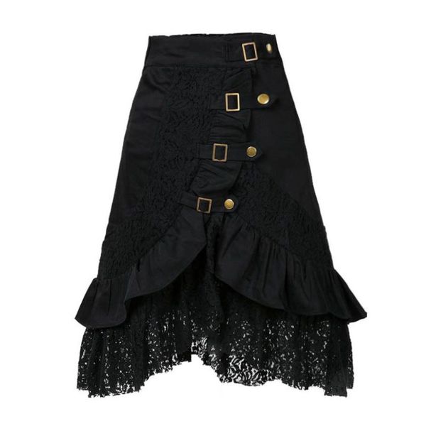 

women black skirt midi lace button gothic s0168 210514