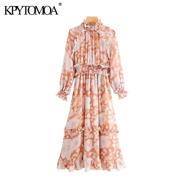 Стильные цветочные принты Ruffled MIDI платье женщины мода с длинным рукавом эластичные талии офис одежды женские платья Vestidos 210420