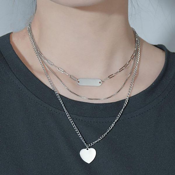 

pendant necklaces trendy stainless steel heart necklace multilayer geometric chain women's fashion jewelry accessories, Silver