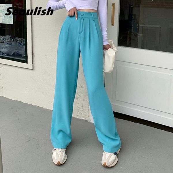 

women's pants & capris seoulish 2021 summer ick silk wide leg suits solid high waist elegant work casual loose trousers female, Black;white