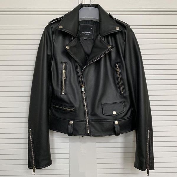 

women's leather & faux gu.seemiofactory natural sheepskin genuine jacket women brand slim female real lambskin outerwear ladies clothin, Black