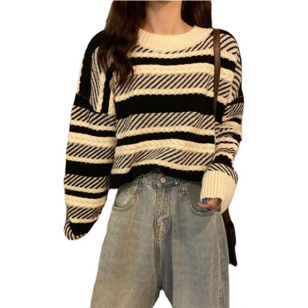 

women's sweaters striped loose pullover jumper autumn casual winter trip warm knitwear cardigan women clothing 2021, White;black