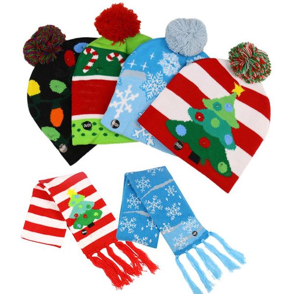

scarves 2022 year christmas baby led hat and scarf set winter warm knitted beanie santa light up hats kids party warmer cap, Blue;gray