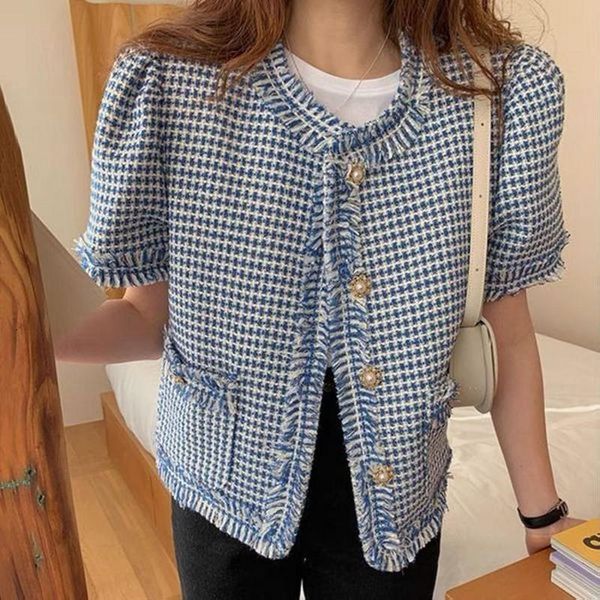 

women's jackets 2021 summer korean chic temperament round neck tassel stitching pearl button loose puff sleeve tweed coat, Black;brown