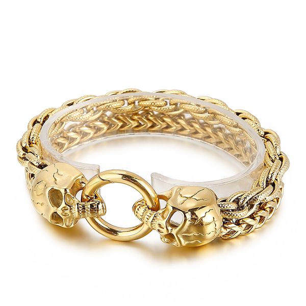 

christmas gifts punk skull end bangle men chain stainless steel double franco curban bracelet 13mm 8.66'' 77g weight, Black